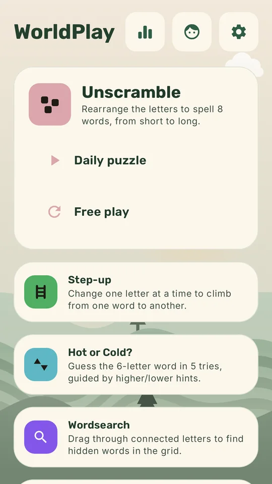 WorldPlay's home screen, listing its word games