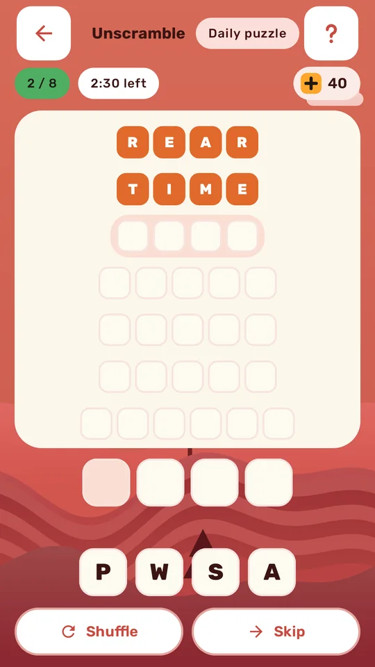 Unscramble's daily puzzle with two words solved and the clock counting down